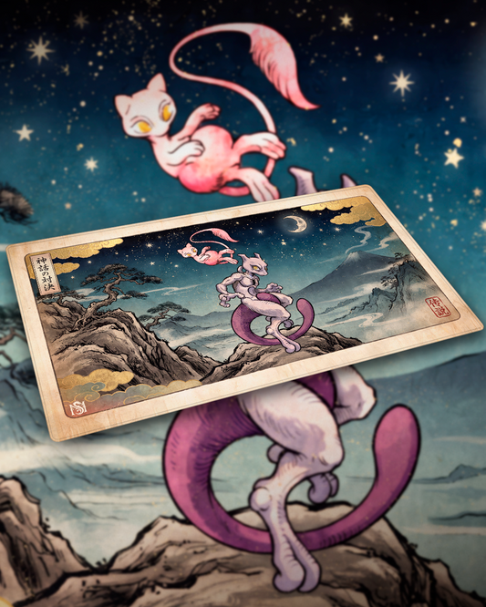 Playmat Mewtwo y Mew Leyendas Ancestrales II sobre mesa